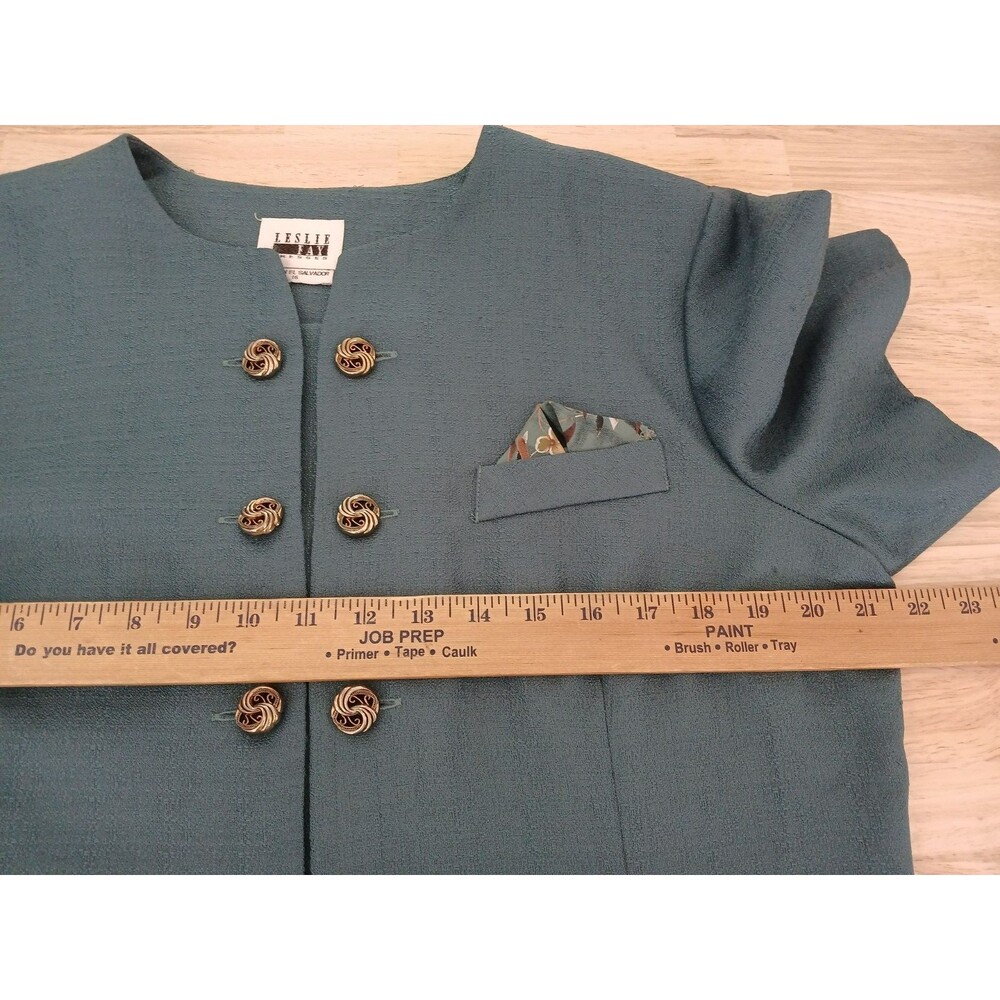 Vintage Leslie Fay Teal Short Sleeve Blazer Jacket Gold Buttons Women's Size 16 - Picture 9 of 13
